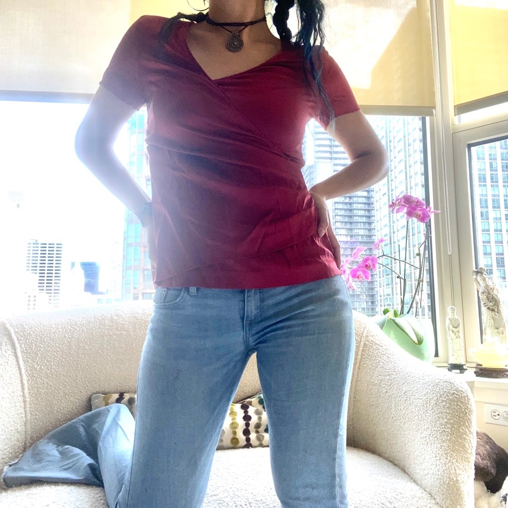 Scarlet silk wrap-style short sleeved blouse